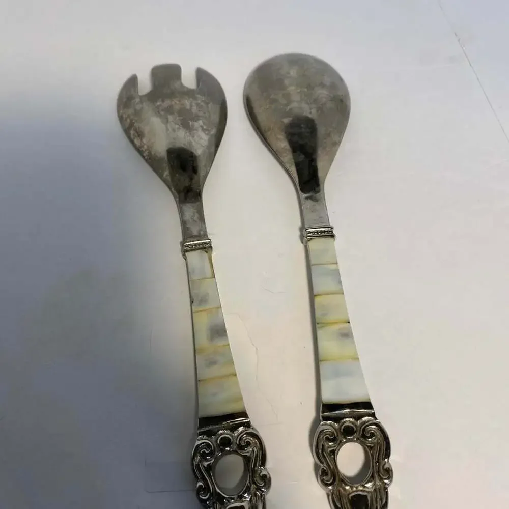 Vintage Mother of Pearl Inlay Salad Servers Set